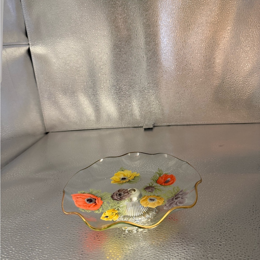 Floral Glass Decorative Plate with Gold Trim